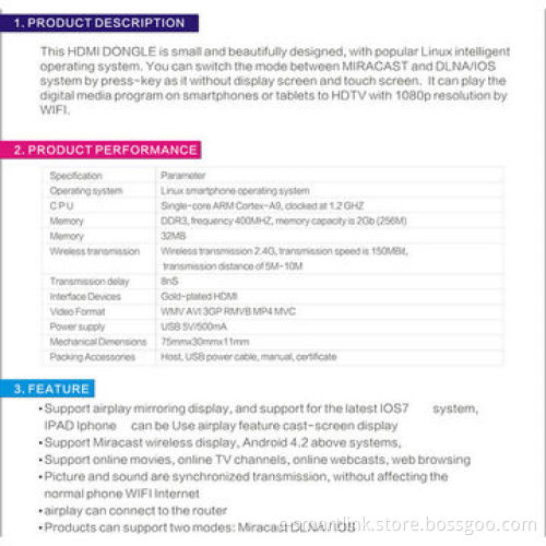 Factory supplier fastest Wi-Fi dongle display AirPlay mirror Miracast Dlna iOS HDMI to VGA optical A